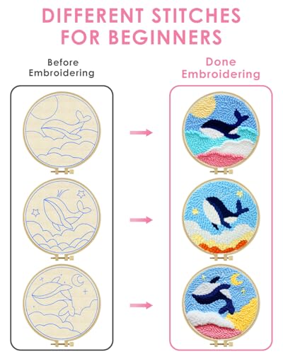 Image of TINDTOP Punch Needle Kits, Punch Needle Embroidery Kits for Adults | 3 Pack, Tool with Punch Needle Fabric, Hoops, Yarns and Sewing Needles (Whale)