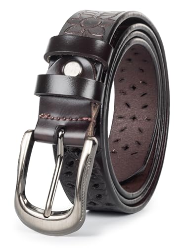Women Men Western Cowboy Leather Belts Floral Engraved Embossed Genuine Cow-Leather Cowgirl Waist Vintage Alloy Buckle Belt2