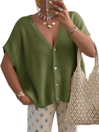 Image of Saodimallsu Womens Summer Oversized Cardigans Batwing Short Sleeve Lightweight Button V Neck Casual Knit Sweater Tops