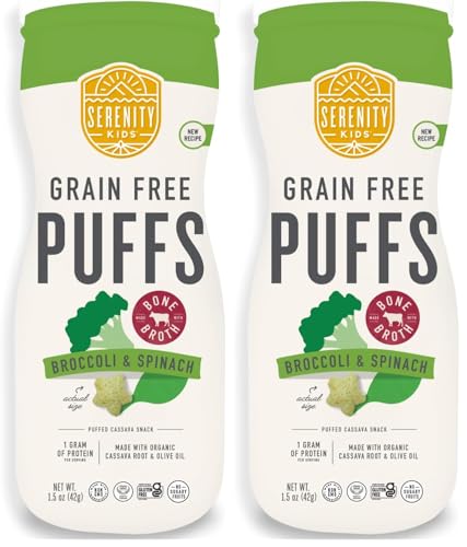 Image of Serenity Kids 6+ Months Grain Free Puffs Toddler & Baby Snack | No Added Sugar, Gluten & Rice Free, Allergen Free | Made with Organic Cassava, Veggies, and Herbs | Broccoli & Spinach | 1 Count
