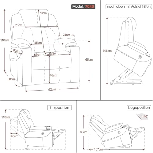 M MCombo Fernsehsessel mit Aufstehhilfe Elektrisch, Relaxsessel mit Liegefunktion bis 140°, Sessel mit Aufstehhilfe, mit Massage & Heizung, Knopf & Fernbedienung Verstellbar, 7040 (Chenille, Grau) – Bild 4
