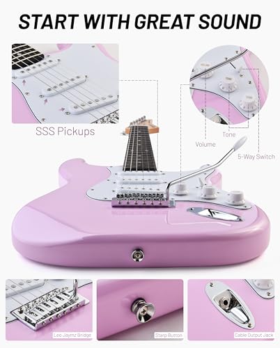 Image of Leo Jaymz Beginner Electric Guitar 39 inch Kit with Portable Amplifier, Padded Gig Bag, Digital Tuner，Capo，Strap，Picks，Classic SSS Pickups (Pink)