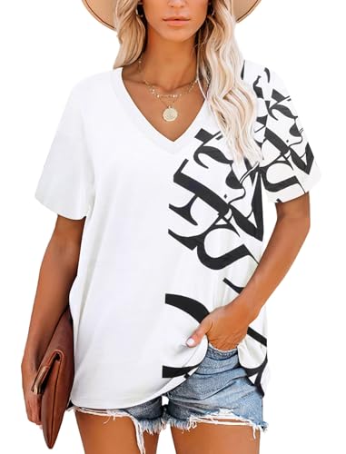NARRAME Oversize T-Shirt Damen V-Ausschnitt Kurzarm Tops Gestreifte Sommer Kausal Blumenmuster Weiß Buchstaben XX-Large 2XL 50-52