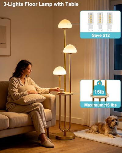Image of Gold Dimmable Floor Lamp with Table Modern Floor Lamps with 5Lbs Heavy Base for Living Room 3000K Tall Standing Lamp with Mushroom Shades & Bulbs Included for Bedroom /Office / /Sofa Beside /Corner Decor