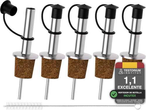 Incutex 5X Vertedores de Botellas y 1x Cepillo de Limpieza, Pico de Corcho con Cierre de Tapón de Goma, Vertedor Dosificador de Espíritus Vino Licor Vinagre
