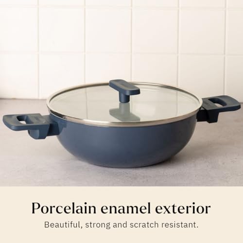 Image of Ember Cookware Arcilla Ceramic Non Stick Cookware Set of 3 | Frying Pan 24 cm, Kadai 2.6 Litre with Glass Lid & Tawa 28 cm | Non Toxic Cookware | Gift Set | ISI Certified | 5-Year Warranty | Blue