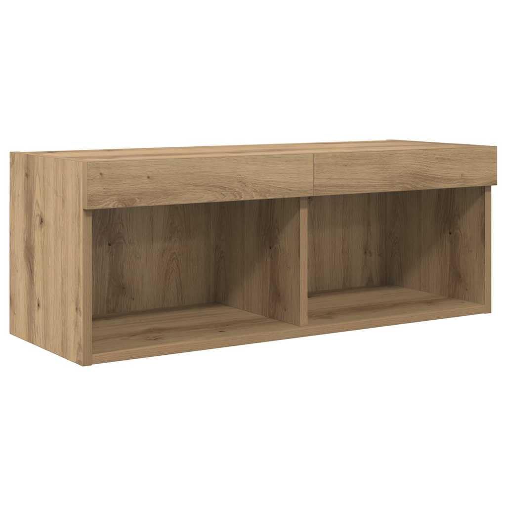 TV-Wandgeräte Wandmontiert 4-TLG Artisan-Eiche Holzwerkstoff mit LED-Beleuchtung 13 Regale 2 Türen Stauraum-Schrank Wohnzimmer Regal-Set Modern Media Center