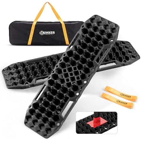 BUNKER INDUST Off-Road Traction Boards with Jack Base,Pair Recovery Tracks 4X4 Jeep Truck Tire Traction Mat with Bag-Sand,Mud, Snow Ladder Ramps(Black) Cover
