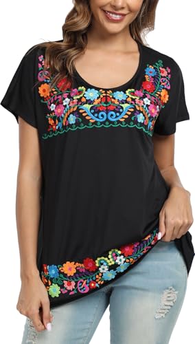 Mexican Shirts for Women Embroidered Tops Peasant Blouses Floral Traditional Summer Boho Tunic Short Sleeve Shirts