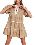 Juakoso Women Short Puff Sleeve Babydoll Dress Cute Print Bow Tie A-line Ruffle Mini Dress Casual Pleated Going Out Dress Khaki