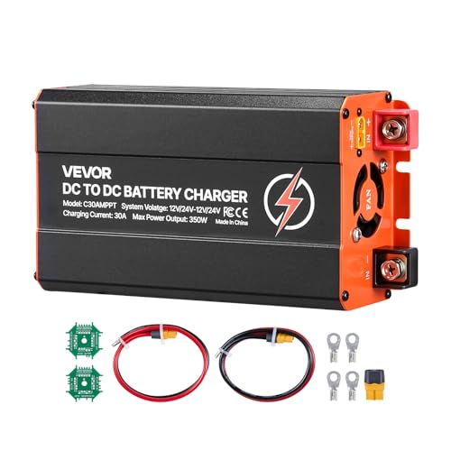 VEVOR Chargeur DC-DC avec MPPT 350 W 30 A Chargeur de Batterie DC-DC 12 V/24 V-12 V/24 V Double Entrée Panneau Solaire/Alternateur pour Camping-Car Voiture Bateau, Compatible avec LiFePO4 Plomb-Acide