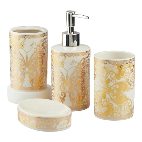 Image of SaSaSa Ceramic Bathroom Accessories Set of 4 Modern Bath Set with Soap Dispenser & Toothbrush Holder, Luxury Home & Gift Idea, Gold (10378)