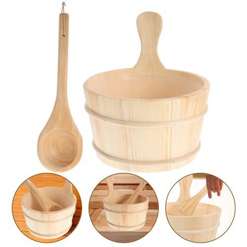INOOMP 2Pcs Sauna Bucket and Ladle Set Wooden Sauna Bucket Wooden Barrel Spoon Bathing Barrel Set Sauna Accessories for Sauna Steam Room
