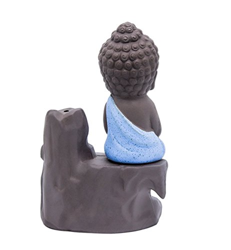 Image of CRAFTAM Meditating Monk Buddha Smoke Backflow Fountain Cone Incense Holder Decorative Showpiece with Free 10 Smoke Backflow Scented Cone Incense (Blue)
