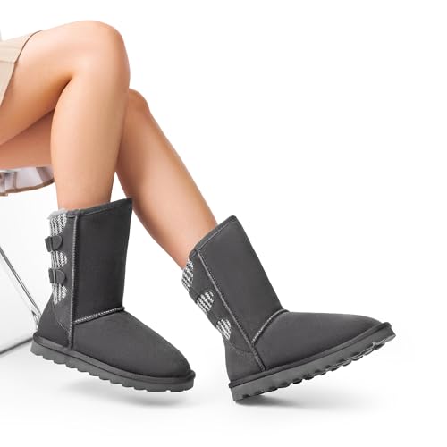 DREAM PAIRS Women's Mid Calf Winter Snow Boots Fashion FuzzyChic Buckle Booties,Size 9,Grey,SWEATY-BUCKLE