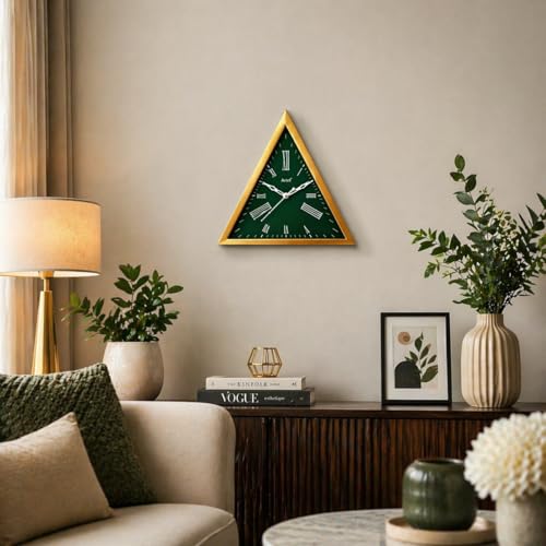 Image of Triangle Analog Wall Clock 30 cm | Green Dial Gold Frame | Roman Number Display | Quartz Battery Operated Decorative Piece for Home Office Bedroom Living Room