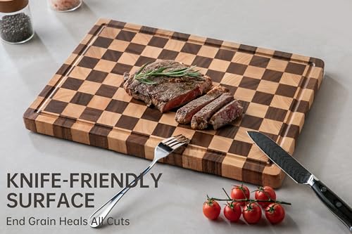 THETCHRY Cutting Boards for Kitchen, Checkered Cutting Board Upgraded, Acacia Wood Chopping Board with Juice Grooves & Handles, Large Butcher Block Serving Tray with Gift Box, 17"X12"X0.8" — view 3