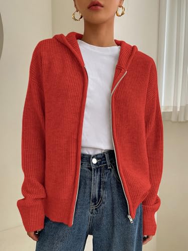 Image of SOLY HUX Zip Up Cardigan for Women Hooded Cardigan Sweater Knitted Drop Shoulder Fall Clothes Winter Hoodies Outerwear