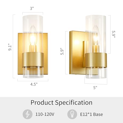 Image of WUZUPS Set of 2 1-Light Bathroom Wall Light Fixture Over Mirror Flat Class Shade Morden Vanity Scones for Bathroom Bedroom Living Room, E12 Base, Gold
