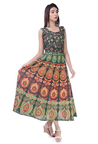 Image of Women's Cotton Barmeri Rajasthani Jaipuri Sanganeri Traditional Printed Kurti Long Naptol Midi Maxi Dress (Free Size Up to XXL) (Multi 15)
