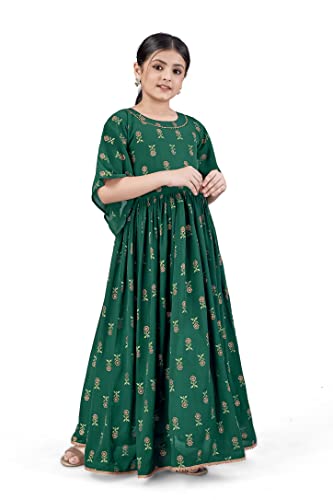 Image of Fashion Dream Girls Maxi Length Flared Foil Printed Dress (Dark Green 5-6 Year)
