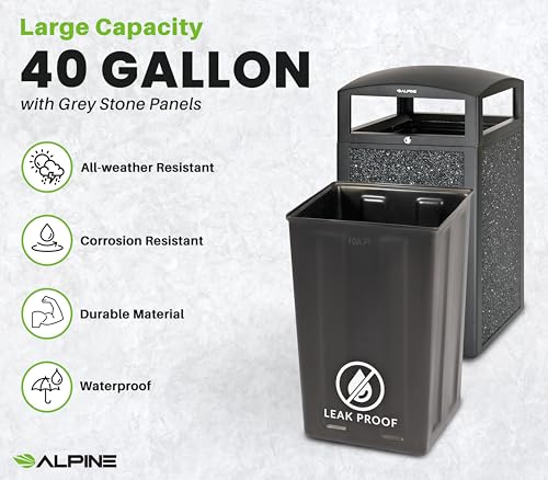Image of Alpine Industries 40 Gallon Commercial Outdoor Trash Can, Metal with Removable Bin & Locking Lid (Black, Grey Stone)