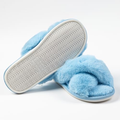 Image of Women's Cross Band Fuzzy Slippers Fluffy Open Toe House Slippers