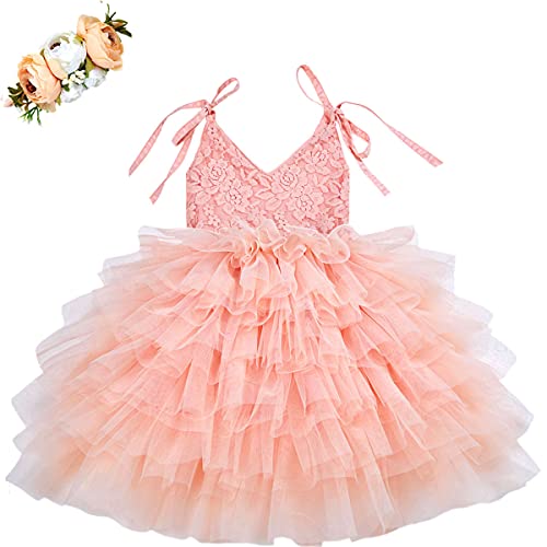 Cilucu Toddler Girls Tutu Maxi Dress Kids Spaghetti Strap Dresses Birthday Party Flower Girls Dress for Wedding Kids Princess V-Neck Banquet Prom Rose Lace Blush Pink Valentine s Day 12-24 Months