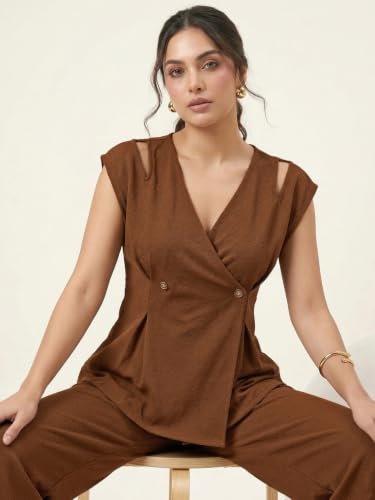 Image of Selvia Women's Solid Wrap Style Top with Wide Leg Trousers Co-Ord Set