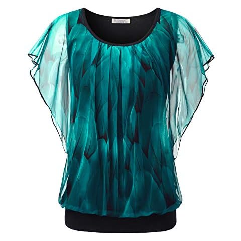 BAISHENGGT Damen Tunika, Damen Falten Kurzarm Tunika Batwing Rundkragen Bluse Pfau Blau Medium Cover