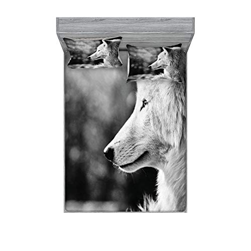 Ambesonne Wolf Fitted Sheet & Pillow Sham Set, Animal Profile Portrait in The Nature Wildlife Carnivore Greyscale Canine Photography, Decorative Printed 3 Piece Bedding Decor Set, Calking, Grey