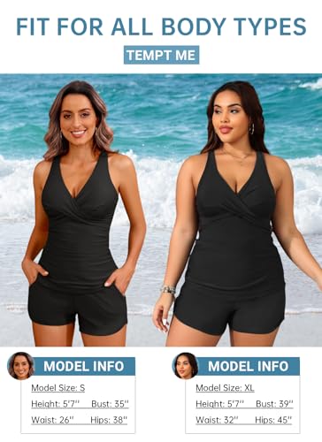 Image of Women Tankini Swimsuits with Shorts Two Piece Tummy Control Bathing Suits | Two Pockets,Tummy Control,Built-in Brief,Quick Dry,Removable Cups,High Waisted Short