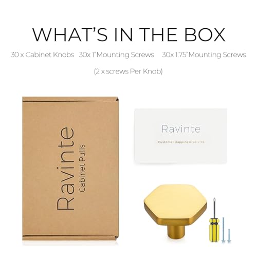 Image of Ravinte 30 Pack Brushed Brass Solid Kitchen Cabinet Knobs Zinc Alloy Door Knobs Cabinet Hardware Gold Dresser Handles Drawer Knobs Brushed Brass Drawer Pulls with Screwdriver