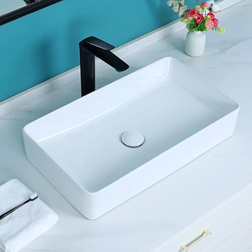 Image of QUALITO Table Top Wash Basin for Bathroom, Living Room, Hall, Dinning Room | Countertop /Over Counter Ceramic Vessel Sink /Basin | Glossy Finish Table Top Wash Basin (White, 24X14X5 Inch)
