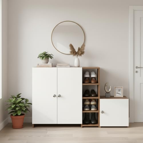 Image of FURNEASER Fusia Shoe Rack Cabinet for Home | Wooden Shoe Storage Organizer with Doors | Space Saving Footwear Stand for Entryway, Living Room & Bedroom (Exotic Teak & White)