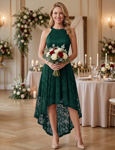 Image of Dressystar Women Halter Lace Wedding Guest Dress Hi-Lo Cocktail Party Bridesmaid Formal Dresses