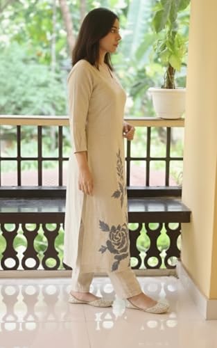 Image of ANNI Designer Women Poly Cotton Straight Printed Kurti Pant Dupatta Set | Ethnic Wear | V Neck | 3 /4 Regular Sleeves | Casual Office Festive Outfit