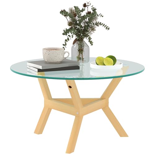 HOMCOM Table basse en verre trempé, table de salon avec repose-pieds réglables et cadre en acier, table d'appoint ronde pour le salon, transparente, Ø80 x...