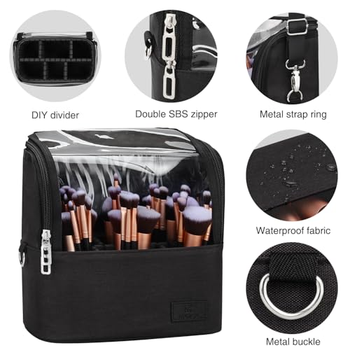 Image of Makeup Brush Case Stand-up Makeup Cup Makeup Brush Holder Travel Professional Cosmetic Bag Artist Storage Bag with Shoulder Strap and Adjustable Divider (large black), 01-Black, 01-Large, Makeup Brush