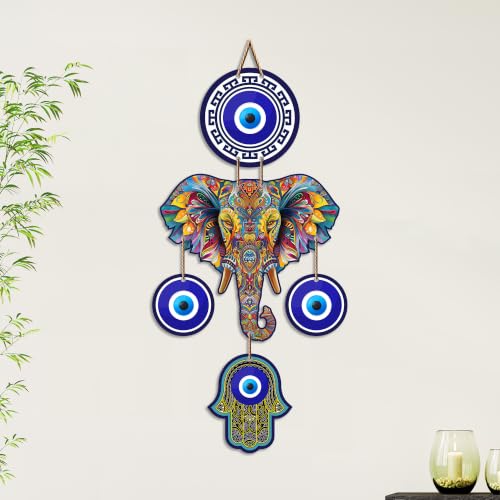 Image of Artvibes Elephant Family Evil Eye Wall Hanging for Home Entrance | Nazar Battu MDF Wall Decor | Positive Energy Vastu Art for Living Room | Hallway | Office & Main Door | Gift Item (WH 8549N)