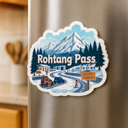 Image of Naxon Rohtang Pass Manali Theme Souvenir Wooden Fridge Magnet | Snow Mountains & Himalayan Pass Design 3x3In Refrigerator Magnet for Kitchen, Home Decor | Travel Gift from Himachal Pradesh | Pack of 1