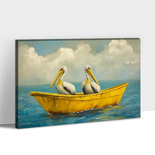 OLUNMILA Pelican Canvas Wall Art Ocean Coastal Birds Picture Nautical Pelicans in Boat Painting Prints Vintage Artwork for Living Room Bedroom Bathroom Home Office Decor Frame - 12"x18"