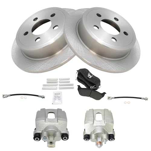 Image of TRQ Rear Brake Pad and Rotor Set Semi Metallic Rotors Calipers Hoses | For 2003-2005 Jeep Liberty