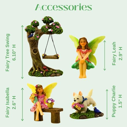 PRETMANNS Fairies for Fairy Garden – Cute Accessories Kit for Indoor or Outdoor Miniature Garden – Figurines, Tree Swing & Puppy Included – 4 Piece Set