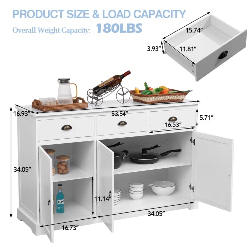 Erommy White Buffet Cabinet With Storage, Kitchen Sideboard With 3 Doors & 3 Drawers, Farmhouse Buffet Server Bar Cabinet Console Table For Dining Living Room, White #TOP2