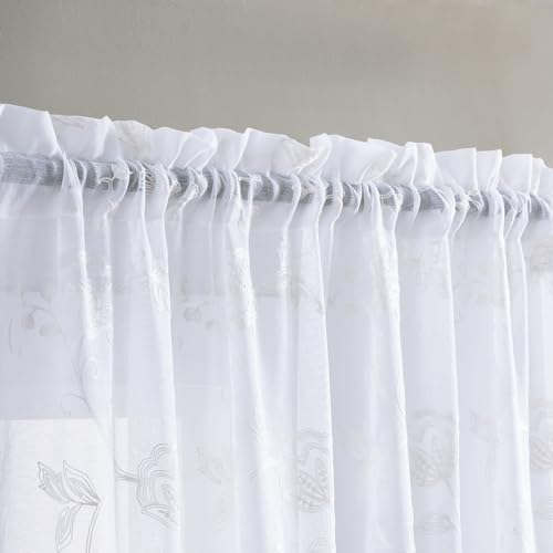 Image of White Sheer Curtains Embroidery 63 Inch Length Rod Pocket Voile Drapes for Living room, Bedroom, Window Treatments Semi Flower Pattern Curtain Panels for Kitchen, Yard, Farmhouse, Set of 2, 52 inchx 63 inch.