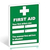 First Aid Sign with Writable Contact and First Aid Box Location – 400mm x 300mm 1mm PVC – Weatherproof Emergency Safety Board with Pre-Drilled Holes and Self-Adhesive Back