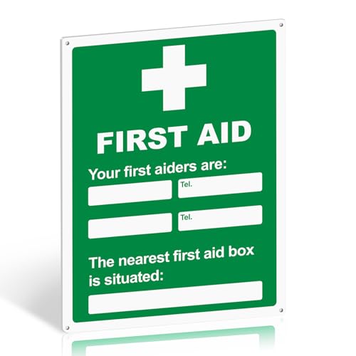 First Aid Sign with Writable Contact and First Aid Box Location – 400mm x 300mm 1mm PVC – Weatherproof Emergency Safety Board with Pre-Drilled Holes and Self-Adhesive Back