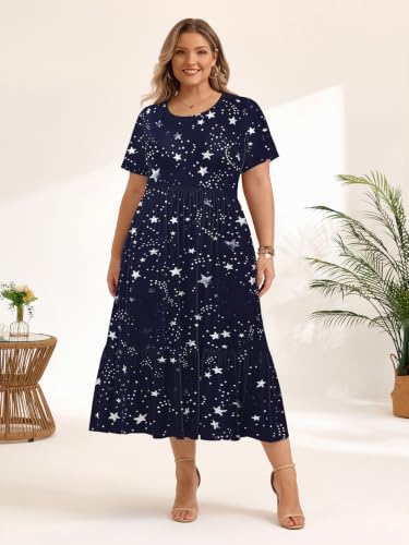 Image of LARACE Plus Size Dresses for Women Summer Maxi Casual Dress with Pockets | plus size summer dresses women, soft rayon, flowy maxi, short sleeve, pockets, flattering & covers belly, beach wear, L-6XL