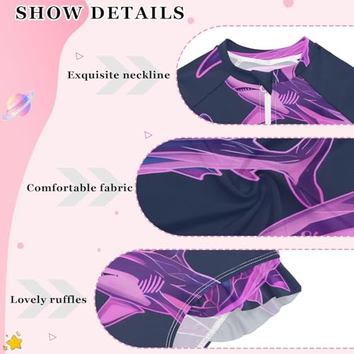 Girls One Piece Swimsuits Long Sleeve Swimsuit Zipper Bathing Suits Sharks Blue Ocean Map Neon Doodle3